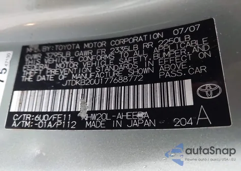 2007 Toyota Prius from USA, damaged, VIN JTDKB20U177688772